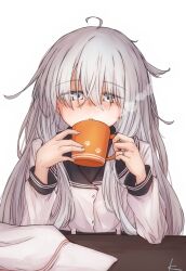  1girl ahoge belt black_belt black_sailor_collar blush commentary_request cup dress_shirt grey_eyes hair_between_eyes hat hibiki_(kancolle) highres holding holding_cup hot_drink jewelry kantai_collection kuuru_(kuuru-n) long_hair long_sidelocks long_sleeves looking_at_viewer mug open_mouth paw_print paw_print_pattern ring sailor_collar shirt sidelocks signature simple_background solo steam table unworn_hat unworn_headwear upper_body verniy_(kancolle) wedding_ring white_background white_hair white_shirt 