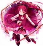  apple bare_shoulders boots chain chains food fruit ibara_riato jewelry magical_girl mahou_shoujo_madoka_magica pendant polearm ponytail reaching red_eyes red_hair redhead sakura_kyouko simple_background solo spear thigh-highs thighhighs tongue weapon 