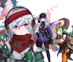  3girls ;) absurdres bare_shoulders belka_(girls'_frontline_2) beret black_gloves black_hat blush breasts brown_hat brown_jacket clothes_pull cross facepaint frown g11_(girls'_frontline) g28_(girls'_frontline) girls'_frontline_2:_exilium girls_frontline gloves green_eyes green_hair green_jacket hair_between_eyes hair_ornament hairclip hands_in_pockets hands_on_own_hips hat headband highres hk416_(girls'_frontline) iron_cross jacket jacket_pull klukai_(girls'_frontline_2) large_breasts leaning_forward light_frown long_hair mechty_(girls'_frontline_2) medium_breasts medium_hair multiple_girls off_shoulder one_eye_closed open_clothes open_jacket orange_eyes partially_unzipped plunplun ponytail purple_jacket red_eyes red_headband short_hair small_breasts smile standing teardrop upper_body very_long_hair white_hair 