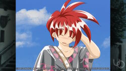  1boy 2000s_(style) ^_^ anime_coloring arm_behind_head arm_up atelier-moo belt blush closed_eyes collarbone embarrassed game_cg grey_shirt hair_between_eyes large_variant_set non-web_source official_art pete_ross red_hair shirt short_hair short_sleeves smile solo spiky_hair standing t-shirt upper_body variant_set yuukyuu_gensoukyoku 