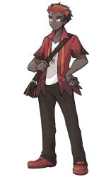  1boy aged_up bag black_eyes bracelet brown_hair commentary dark-skinned_male dark_skin english_commentary full_body highres jewelry kiawe_(pokemon) krwawnik male_focus multicolored_hair necklace nintendo open_clothes open_shirt pants pokemon pokemon_sun_and_moon red_hair shirt shoes short_hair short_sleeves smile sneakers solo two-tone_hair white_background 