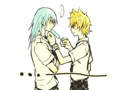 ... 2boys alternate_costume black_necktie black_pants blonde_hair checkered_wristband chinese_commentary commentary_request crossed_arms english_commentary facing_to_the_side feeding food force-feeding furrowed_brow grey_hair hand_on_another's_chin holding holding_food holding_ice_cream ice_cream ice_cream_bar illbewaiting implied_yaoi kingdom_hearts kingdom_hearts_ii long_hair male_focus mixed-language_commentary multiple_boys necktie pants plaid_clothes plaid_necktie riku_(kingdom_hearts) roxas school_uniform shirt short_hair short_sleeves spiky_hair upper_body white_background white_shirt wristband 