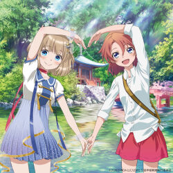  2girls antlers bag blue_dress blue_eyes bow bridge brown_bag brown_hair choker commentary_request deer_antlers dress footwear_bow garden hair_ornament heart heart_arms heart_hands highres holding_hands horns indie_utaite kano_(utaite) mary_janes multicolored_hair multiple_girls nature orange_hair outdoors pond puffy_short_sleeves puffy_sleeves red_choker red_shorts reflection rikko_(soukoumusume) rolled_up_sleeves sailor_collar shirt shoes short_hair short_sleeves shorts shrine soukoumusume star_(symbol) star_hair_ornament star_print stone_lantern sunlight thigh-highs tree two-tone_hair water white_dress white_shirt white_thighhighs 