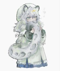  1girl aged_down alternate_costume animal_ears arknights blush child commentary_request covering_own_mouth cowboy_shot fur_hat green_eyes grey_background grey_hair hat highres holding_own_tail jacket long_hair parka pramanix_(arknights) simple_background snow_leopard_ears snow_leopard_girl snow_leopard_tail solo tail twitter_username watermark wemm0083 white_hat white_jacket 