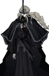  1girl 88rfnzknbhuc5sy absurdres black_cape black_dress braid braided_ponytail cape commentary covered_eyes dark_souls_(series) dark_souls_iii dress fire_keeper hand_up highres long_sleeves low_ponytail ponytail sleeves_past_wrists solo white_background 
