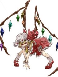  1girl ascot blonde_hair commentary crystal crystal_wings flandre_scarlet full_body hat hat_ribbon highres looking_at_viewer mary_janes mob_cap multicolored_wings myui17901139 one_side_up open_mouth red_eyes red_shoes red_skirt red_vest ribbon shoes simple_background skirt skirt_set smile socks solo touhou vest white_background white_hat white_socks wings wrist_cuffs yellow_ascot 