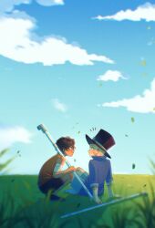  2boys absurdres aged_down bandaged_arm bandages bare_shoulders black_hair blonde_hair blue_coat blue_shorts blue_sky blurry blurry_foreground closed_mouth clouds cloudy_sky coat english_commentary from_side grass highres industrial_pipe looking_at_another male_focus multiple_boys one_piece orange_tank_top outdoors portgas_d._ace profile sabo_(one_piece) saterise short_hair shorts sitting sky squatting tank_top 