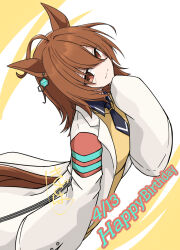  1girl :3 agnes_tachyon_(umamusume) ahoge animal_ears black_shirt black_tie brown_hair brown_tail earrings hair_between_eyes hand_up happy_birthday horse_ears horse_girl horse_tail jewelry lab_coat lapels looking_at_viewer medium_hair necktie notched_lapels red_eyes sena_kizahashi shirt short_necktie single_earring sleeves_past_fingers sleeves_past_wrists solo sweater_vest tail umamusume yellow_sweater_vest zipper 