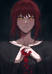 1girl black_background black_shirt braid braided_ponytail chainsaw_man closed_mouth commentary dodo_(dodobo) flower highres long_hair makima_(chainsaw_man) orange_eyes red_flower red_hair shirt simple_background untranslatable_commentary 