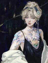  1girl aughtsix bare_shoulders beryl_bouanich black_background blue_dress blue_eyes crystallization dress evening_gown grey_hair hair_ornament highres looking_at_viewer realistic red_lips reverse:1999 shawl sleeveless sleeveless_dress solo spaghetti_strap updo upper_body white_shawl 