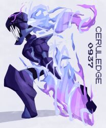  absurdres arm_blade armor blade_arm blue_fire ceruledge commentary eye_trail fiery_hair fire flaming_eyes helmet highres light_trail pokemon pokemon_(creature) pokemon_scarlet_and_violet purple_fire purple_helmet rblueberg solo standing violet_eyes weapon white_background 