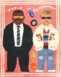  2boys blonde_hair carl_(project_hail_mary) casual commentary_request dark-skinned_male dark_skin english_text formal_clothes highres komako_o male_focus minimalism multiple_boys necktie project_hail_mary round_eyewear ryland_grace suit sunglasses 