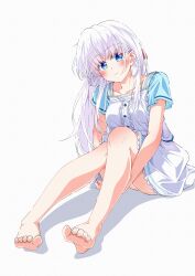  1girl absurdres bare_legs barefoot blue_eyes blunt_ends blush breasts center_frills closed_mouth collarbone commentary eyelashes feet frilled_shirt frilled_skirt frills full_body hair_behind_ear hair_between_eyes highres hugging_own_legs knees_together_feet_apart knees_up kyamiuu legs long_hair looking_at_viewer medium_breasts naruse_shiroha shadow shirt short_sleeves sidelocks simple_background sitting skirt smile soles solo split_mouth summer_pockets tareme toenails toes very_long_hair white_background white_hair white_shirt white_skirt 
