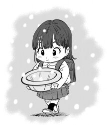  1girl backpack bag commentary_request eyebrows_hidden_by_hair full_body greyscale hat hatching_(texture) highres holding holding_unworn_clothes holding_unworn_hat lee_(dragon_garou) linear_hatching monochrome original pleated_skirt randoseru school_hat skirt smile snow socks solo unworn_hat unworn_headwear 