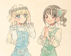  2girls :d belt black_hair blonde_hair blue_belt blue_eyes blue_overalls blush_stickers commentary_request green_belt green_overalls hair_ornament hair_scrunchie head_wreath itomugi-kun long_hair long_sleeves multiple_girls nekoyashiki_mayu nekoyashiki_yuki one_side_up open_mouth overalls own_hands_together palms_together precure red_eyes scrunchie shirt short_hair siblings sidelocks sisters smile upper_body upturned_eyes white_shirt wonderful_precure! 