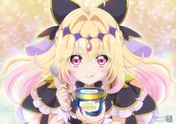  1girl asukamama89 blush braid brooch closed_mouth commentary_request cup cure_arcana_shadow disposable_cup disposable_ice_cream_cup gradient_hair hair_between_eyes hair_intakes heart heart-shaped_pupils heart_brooch heart_in_eye highres holding holding_spoon jewelry looking_at_viewer magical_girl meitantei_precure! moria_luluka multicolored_hair pink_eyes pink_hair portrait precure smile solo spoon symbol-shaped_pupils symbol_in_eye tongue tongue_out 