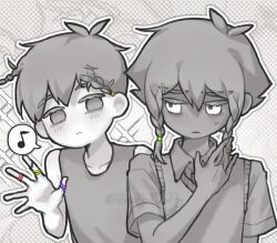  2boys absurdres alternate_hairstyle antenna_hair artist_name black_eyes black_hair black_shirt black_skin black_sweater_vest black_tank_top blush braid closed_mouth collarbone collared_shirt colored_skin commentary eighth_note highres looking_at_another looking_at_viewer low_twin_braids male_focus multiple_boys musical_note omori omori_(omori) outline shirt short_hair short_sleeves speech_bubble spoken_musical_note stranger_(omori) sweatdrop sweater_vest tank_top thatbirdcanfly twin_braids twitter_username untranslatable_commentary white_eyes white_outline white_skin 