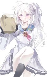  1girl 9-nine- :d ahoge bag black_socks blush bow bowtie braid commentary convenient_leg cowboy_shot dress frilled_dress frills green_ribbon grey_hair hair_between_eyes hair_ribbon hakusen_academy_school_uniform hands_up highres holding holding_bag knee_up kneehighs long_hair long_sleeves looking_at_viewer niimi_sora open_mouth paper_bag pink_bow pink_bowtie pleated_dress ribbon school_uniform shiro_rei419 short_dress side_ponytail sidelighting sidelocks simple_background single_braid sitting sketch smile smug socks solo thighs v-shaped_eyebrows violet_eyes white_background white_dress 