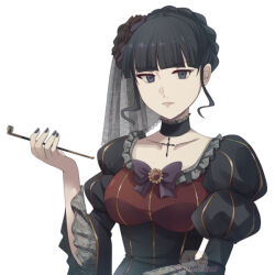  1girl alternate_hair_color azumi-kun beatrice_(umineko) black_dress black_eyes black_hair black_nails breasts closed_mouth collarbone commentary cross dress english_commentary goth_fashion holding holding_smoking_pipe large_breasts looking_at_viewer nail_polish puffy_sleeves sidelocks simple_background smoking_pipe solo umineko_no_naku_koro_ni upper_body veil wavy_hair white_background 
