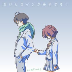  1boy 1girl ahoge black_hair blazer bow bowtie closed_mouth commentary_request green_necktie green_scarf hair_ornament hands_in_pockets highres holding holding_shirt holding_unworn_clothes jacket komari_chika make_heroine_ga_oo_sugiru! necktie nukumizu_kazuhiko prasinos red_bow red_bowtie red_hair scarf school_uniform shirt short_hair skirt suzumiya_haruhi_no_shoushitsu suzumiya_haruhi_no_yuuutsu tsuwabuki_high_school_uniform unworn_shirt white_shirt yellow_bow yellow_bowtie yellow_eyes 