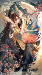  1boy ayn_alwyn ayn_alwyn_(myths_wonders) bird black_boots black_hair black_pants black_shirt blue_wings boots branch chinese_clothes chinese_commentary closed_mouth clouds creature extra_legs feathered_wings flower foot_out_of_frame gradient_wings hair_between_eyes hair_flowing_over hanfu head_rest head_wings headless high_ponytail highres in_tree light_particles long_hair long_sleeves looking_at_creature lovebrush_chronicles male_focus mountain multicolored_wings pants pants_tucked_in plum_blossoms plume ponytail red_eyes red_flower robe senryoko shirt sitting sitting_in_tree smile solo sweater_guard tree very_long_hair watermark weibo_watermark white_wings wide_sleeves wings xiao_guan_(headdress) yellow_hanfu yellow_robe yellow_wings 