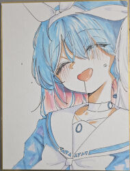  1girl ^_^ absurdres arona_(blue_archive) blue_archive blue_hair blue_shirt bow bow_hairband bowtie choker closed_eyes colored_inner_hair commentary drooling eyes_visible_through_hair hair_over_one_eye hairband highres long_bangs medium_hair multicolored_hair open_mouth parted_bangs photo_(medium) sailor_collar sailor_shirt saliva school_uniform sharp_to_sharp shikishi shirt simple_background solo traditional_media untranslatable_commentary upper_body white_background white_bow white_bowtie white_choker white_hairband white_sailor_collar 