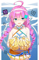  1girl absurdres ahoge armpit_crease averting_eyes bare_shoulders blue_background blue_eyes blush braid braided_twintails cheerleader clover_hair_ornament collarbone commentary_request cosplay cowboy_shot criss-cross_halter crop_top date_akari date_akari_(move_forward_never_give_up!) detached_collar four-leaf_clover_hair_ornament furrowed_brow hair_ornament hairband hairclip halterneck hands_up heaven_burns_red highres holding holding_pom_poms huge_ahoge long_hair looking_to_the_side low_twintails miniskirt nikaidou_misato nikaidou_misato_(cosplay) nikaidou_misato_(full_power_cheering_song_under_blue_sky) official_alternate_hairstyle open_mouth orange_skirt outline pleated_skirt pom_pom_(cheerleading) purple_hair rinki_oohen shaded_face sidelocks signature simple_background skirt smile solo sports_bra sweatdrop twintails two-tone_skirt very_long_hair wavy_mouth white_hairband white_outline white_skirt white_sports_bra x_hair_ornament 