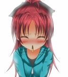  blush bow bust casual closed_eyes embarrassed eyes_closed hair_bow mahou_shoujo_madoka_magica pocky pocky_kiss ponytail pov red_hair redhead sakura_kyouko shared_food simple_background solo yuzutei 