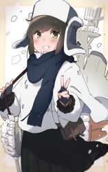  1girl :d absurdres alternate_costume bag black_gloves black_skirt blue_hat blue_scarf border brown_hair buttons coat commentary_request cowboy_shot fingerless_gloves fubuki_(kancolle) fur_hat gloves green_eyes hat highres holding holding_bag kantai_collection long_sleeves looking_at_viewer ma_rukan mast multicolored_hat outside_border rigging scarf ship_turret sidelocks skirt smile smokestack snowing solo standing ushanka v white_background white_coat white_hat winter_clothes yellow_border 