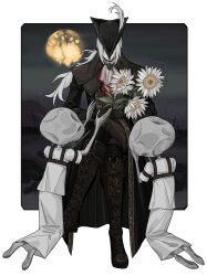  1girl 2others 88rfnzknbhuc5sy absurdres ascot blood blood_stain bloodborne boots commentary crossed_legs flower full_body hat highres lady_maria_of_the_astral_clocktower moon multiple_others sitting sunflower white_hair yellow_ascot 