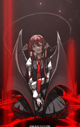  1girl absurdres artist_name black_skirt black_vest collared_shirt commentary_request dated demon_girl demon_tail demon_wings head_wings highres koakuma long_hair long_sleeves looking_at_viewer magic_circle necktie one-hour_drawing_challenge one_eye_closed open_mouth red_eyes red_hair red_necktie shirt sitting skirt skirt_set smile solo tail touhou ve1024 very_long_hair vest white_shirt wings 