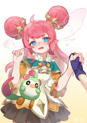  1girl absurdres ahoge black_skirt blue_eyes blue_gloves blush capelet chinese_commentary commentary_request double_bun fingerless_gloves gloves gradient_background hair_bun hair_ornament highres holding_hands krithia_(roco_kingdom:_world) long_hair open_mouth pink_hair pointy_ears pokemon roco_kingdom:_world short_sleeves skirt solo_focus xingqiba_(974528265) 