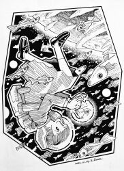  1girl artist_name backpack bag cat closed_mouth clouds commentary dated dress fish fishbowl_helmet floating flying_fish full_body greyscale hatching_(texture) helmet linear_hatching loafers monochrome original planet shoes short_hair smile socks solo space space_helmet traditional_media upside-down zpihr6jprso2r2l 