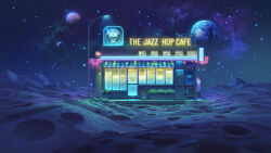  absurdres brick_wall bush cafe commentary earth_(planet) english_commentary english_text highres lamppost mars_(planet) mountainous_horizon neon_lights no_humans on_moon original outdoors planet scenery sicuvn sign sky space star_(sky) starry_sky window 