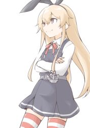  1girl akara_kai asashio_(kancolle) asashio_(kancolle)_(cosplay) asashio_kai_ni_(kancolle) asashio_kai_ni_(kancolle)_(cosplay) belt blonde_hair blush brown_eyes commentary_request cosplay crossed_arms dress hairband highres kantai_collection long_hair long_sleeves looking_at_viewer neck_ribbon pinafore_dress red_ribbon red_thighhighs ribbon school_uniform shimakaze_(kancolle) shirt simple_background sleeveless sleeveless_dress smile solo striped_clothes striped_thighhighs thigh-highs very_long_hair white_background white_shirt 