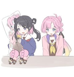  2girls :3 :d anyoji_hime black_hair blue_eyes brown_dress cardigan churhami colored_inner_hair dakimakura_(object) dress fang flower hair_flower hair_ornament hair_rings hasu_no_sora_school_uniform hood hooded_jacket jacket link!_like!_love_live! long_hair long_sleeves love_live! multicolored_hair multiple_girls neckerchief nervous_sweating nesoberi open_clothes open_jacket open_mouth oshikatsu pillow pink_hair pink_jacket purple_cardigan red_neckerchief sailor_collar sailor_dress school_uniform shirin_mion simple_background skin_fang smile sweat two_side_up violet_eyes virtual_youtuber white_background white_flower white_sailor_collar winter_uniform yellow_neckerchief 