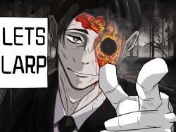  1boy black_hair black_necktie black_suit bleeding blood blood_from_eyes bruise burn_scar commentary destroyerrio english_commentary english_text gloves hair_between_eyes injury jacket jujutsu_kaisen limbus_company looking_at_viewer male_focus multicolored_hair necktie pointing pointing_at_viewer pose_imitation project_moon rien_(project_moon) scar scene_reference shirt short_hair solo streaked_hair suit suit_jacket white_gloves white_shirt white_streaks yellow_eyes 