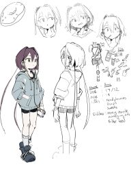  1girl bike_shorts character_age character_profile commentary doughnut earphones earphones english_commentary english_text food green_hair grey_hoodie hand_in_pocket highres hood hoodie jushikuroni multiple_views original purple_hair shoes sneakers socks tagme twintails wire 