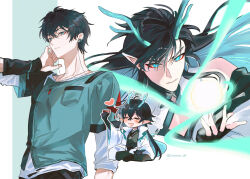  1boy aqua_eyes black_gloves black_hair breast_pocket cleavage_cutout closed_mouth clothing_cutout colored_inner_hair commentary_request crossed_bangs cup dan_heng_(feast)_(honkai:_star_rail) dan_heng_(honkai:_star_rail) dan_heng_(imbibitor_lunae)_(honkai:_star_rail) dragon_horns dragon_tail fingernails floating_hair gloves hair_between_eyes hand_up heart highres honkai:_star_rail honkai_(series) horns indian_style long_hair long_sleeves looking_at_viewer male_focus multicolored_hair multiple_views official_alternate_costume pocket pointy_ears short_hair sitting tail twitter_username two-tone_hair unowen_0111 