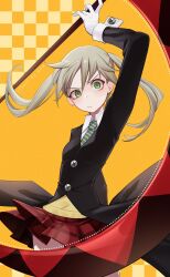  1girl arm_up black_jacket blonde_hair commentary diagonal-striped_clothes diagonal-striped_necktie gloves green_eyes green_necktie highres holding holding_scythe holding_weapon jacket long_hair long_sleeves looking_at_viewer maka_albarn necktie orange_background plaid_clothes plaid_skirt pleated_skirt pr_ponnyan raised_eyebrow red_skirt scythe shirt skirt sleeve_cuffs solo soul_eater striped_clothes twintails v-shaped_eyebrows weapon white_gloves white_shirt wing_collar 