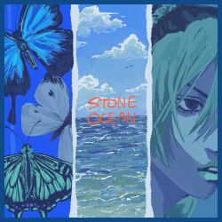  1girl blue_border blue_theme border bug butterfly close-up clouds copyright_name day expressionless green_hair green_lips highres jojo_no_kimyou_na_bouken kujo_jolyne kurounmo831 limited_palette ocean outdoors simple_bird solo stone_ocean triptych_(art) water 