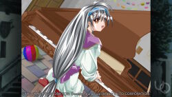  1girl 2000s_(style) anime_coloring atelier-moo black_hair brown_eyes cape dress from_behind game_cg hairband indoors instrument long_hair long_sleeves looking_at_viewer low-tied_long_hair music non-web_source official_art open_mouth piano playing_instrument playing_piano purple_cape ribbon sheela_sheffield sidelocks sitting smile solo very_long_hair yuukyuu_gensoukyoku 