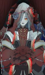  commentary_request expressionless flower glowing glowing_eye graves_(path_to_nowhere) hair_over_one_eye highres kibakuyan ofuda path_to_nowhere qungua upper_body 