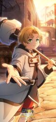  1boy absurdres ahoge aqua_heartia brown_hair city cloak green_eyes highres hood hooded_cloak looking_at_viewer mole mole_under_eye mushoku_tensei official_art open_hand outstretched_arm promotional_art reaching reaching_towards_viewer red_shorts rudeus_greyrat shorts solo sunlight sunset town 