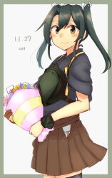  1girl absurdres artist_logo border bouquet brown_eyes brown_hakama camouflage commentary_request cowboy_shot dated flower green_border green_hair grey_background grey_kimono hakama hakama_short_skirt hakama_skirt highres japanese_clothes kantai_collection kimono logo long_hair looking_at_viewer ma_rukan muneate ribbon skirt smile solo tasuki twintails two-tone_background white_ribbon wristband zuikaku_(kancolle) zuikaku_kai_ni_(kancolle) 
