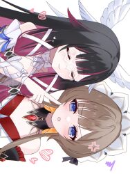  2girls anger_vein arm_bow bare_shoulders black_collar black_hair black_sleeves blue_eyes bonnet bow bowtie brown_hair cheek_poking closed_eyes closed_mouth collar columbina_(genshin_impact) detached_collar detached_sleeves dress eye_mask genshin_impact gradient_hair hair_bow hair_ornament head_wings heart highres kino_(curry_pan) long_hair long_sidelocks mask multicolored_hair multiple_girls multiple_wings open_mouth poking purple_hair purple_streaks ribbon sandrone_(genshin_impact) see-through_clothes see-through_mask short_hair_with_long_locks sidelocks simple_background smile streaked_hair two-tone_hair white_background white_dress white_headdress white_mask white_wings wing_hair_ornament wings wrist_bow x-shaped_eyewear 