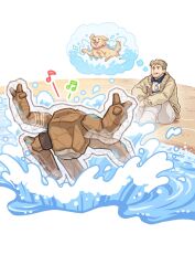  1boy alien beard beard_stubble blonde_hair casual commentary_request dog facial_hair gutugutu_oooden highres messy_hair project_hail_mary rocky_(project_hail_mary) ryland_grace stubble water water_drop 