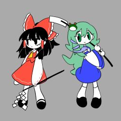  2girls ascot black_eyes black_hair bow collared_shirt detached_sleeves dmebgsa3 expressionless frog_hair_ornament full_body gohei green_eyes green_hair grey_background hair_bow hair_ornament hair_tubes hakurei_reimu highres holding holding_gohei jitome kochiya_sanae long_hair long_sleeves looking_to_the_side multiple_girls nontraditional_miko pantyhose shirt skirt skirt_set sleeves_past_wrists smile snake_hair_ornament socks touhou 