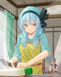  2girls :q absurdres adapted_costume akagi_rumi apron aqua_hoodie bandaged_arm bandages black_bow black_hairband blue_hair blunt_bangs blush bow bright_pupils closed_mouth collarbone commentary_request cowboy_shot curtains daikon day glasses glint granny_aki_(heaven_burns_red) green_eyes grey_hair hair_between_eyes hair_bow hair_bun hairband heaven_burns_red highres holding holding_knife hood hood_down hoodie indoors knife long_hair looking_at_another looking_at_food mochimugi_rice multiple_girls old old_woman one_eye_closed radish sidelighting single_hair_bun smile smug solo_focus split_mouth sunlight tongue tongue_out v-shaped_eyebrows white_pupils window yellow_apron 