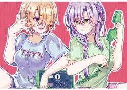  >:( 2girls :d absurdres alternate_costume black_shorts blonde_hair braid braided_ponytail breasts casual closed_mouth clothes_writing commentary cowboy_shot dolphin_shorts frown glasses green_eyes green_shirt grey_hair hair_between_eyes hair_ornament hair_over_one_eye hairclip hand_up heaven_burns_red highres holding holding_phone index_finger_raised izumi_yuki kayamori_ruka large_breasts letterboxed long_bangs looking_at_another low_side_ponytail multiple_girls one_eye_covered open_mouth outline parallel_hairclips phone pink_background pink_shorts polka_dot polka_dot_background red_eyes round_eyewear shaka_sign shirt short_hair short_sleeves shorts side_ponytail simple_background single_braid siromochino sitting smile smug t-shirt v-shaped_eyebrows white_outline white_shirt 